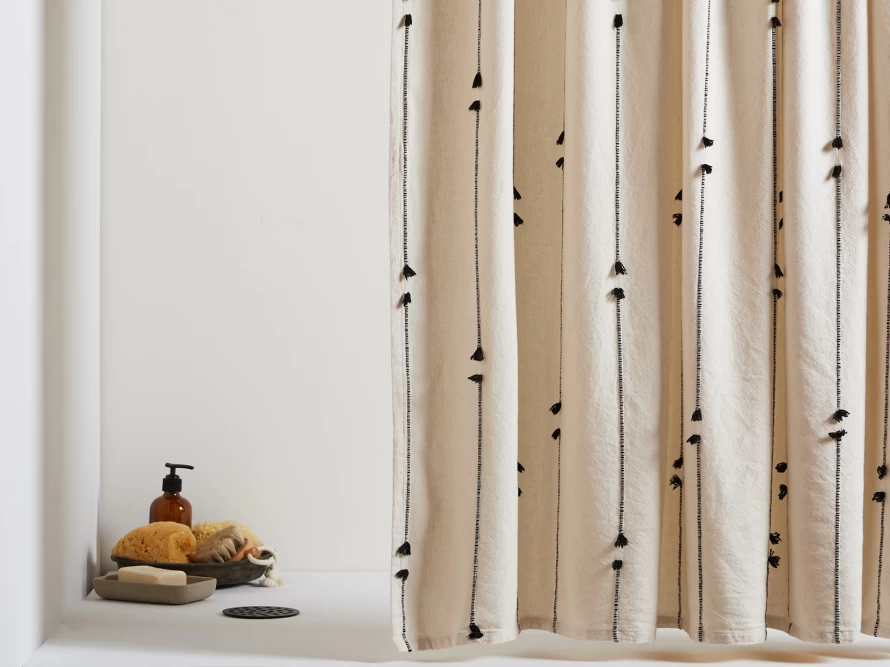 Parachute Organic Cotton Pom Pom Trimmed Shower Curtain - Eco-Friendly Bathroom Decor